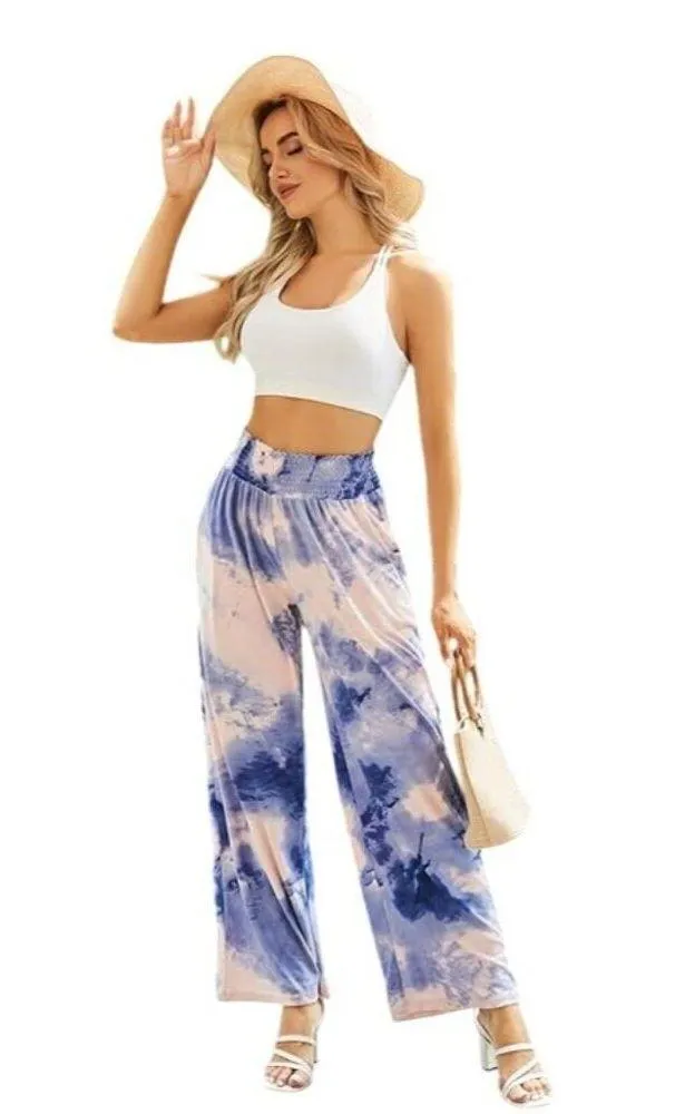 Tie Dye Wide Leg Pants Elastic Waistband Pockets Blue Pink Size XL Palazzo - Image 3