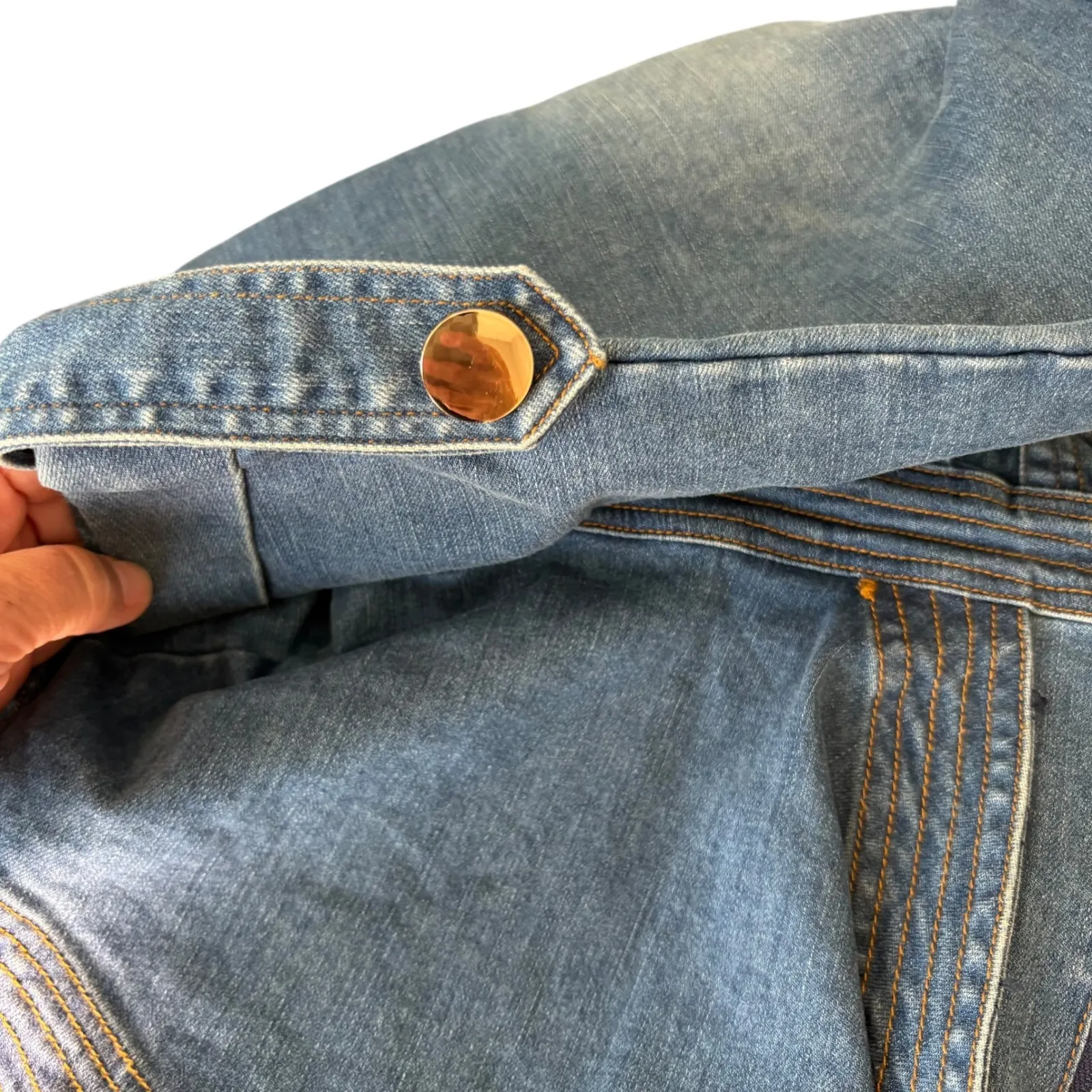 L'ATISTE by Amy Denim Dress Peplum V Neck Short‎ Sleeve Pencil Skirt Blue Large - Image 10