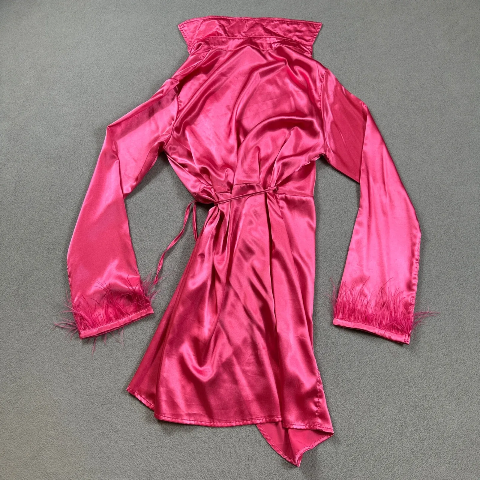 SHEIN Mini Dress Womens S Hot Pink Satin Tie Front Feather Cuffs Long Sleeves - Image 2