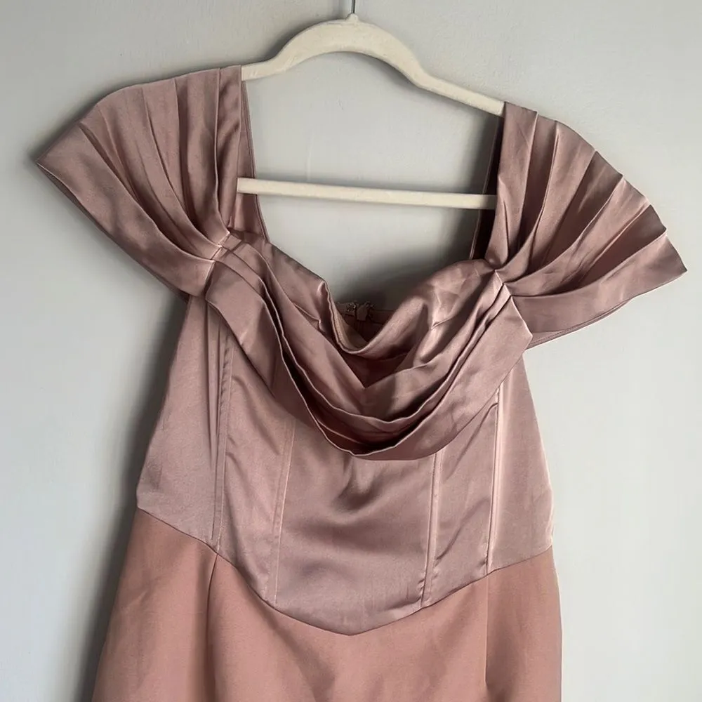 Lavish Alice Mink Pleated Bardot Satin Mix Midi Dress - Image 3