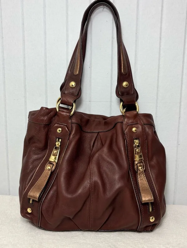 B. Makowsky Chocolate Brown Pebbeled Leather Gold Accents Two Straps Purse/Bag - Image 1