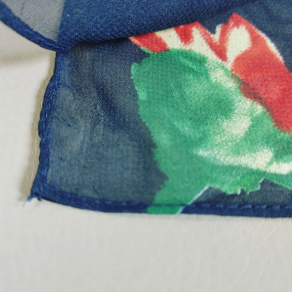 Floral Sheer Scarf Navy Vintage Red Green Flowers Rectangular 42 by 13 Inches - Image 6