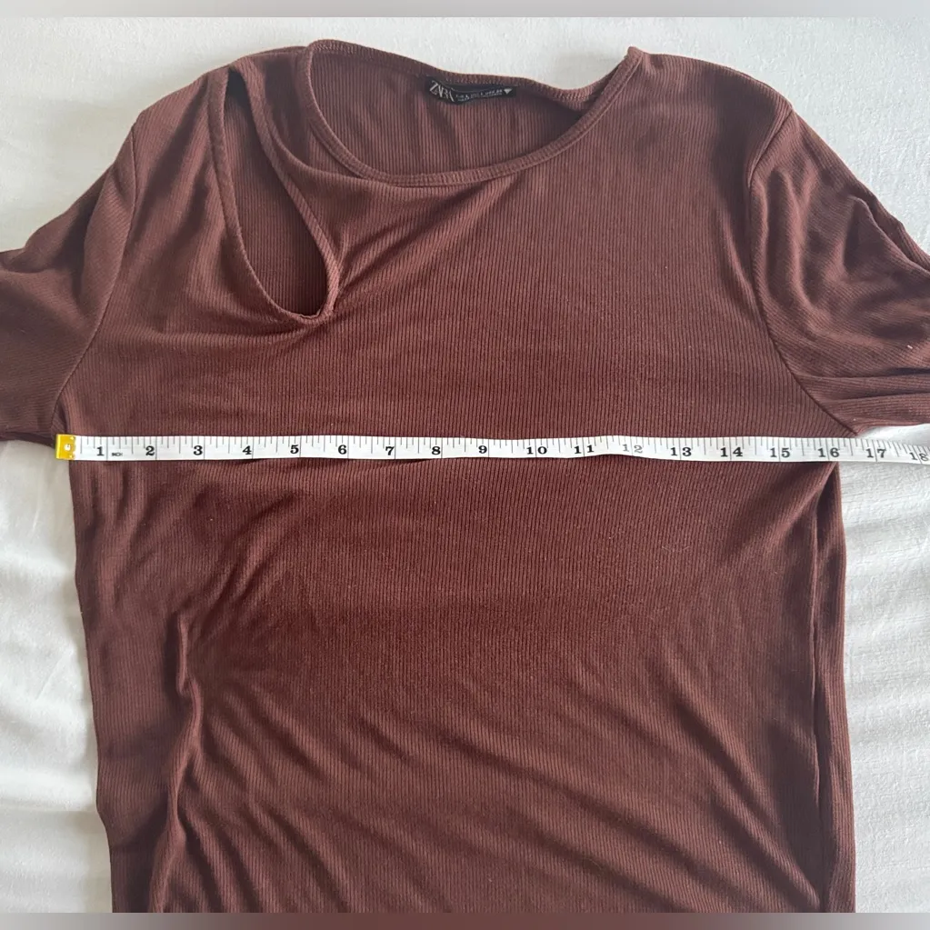 Zara Brown Ribbed Long Sleeve Cutout Top Sz Large Minimalist Neutral Fall Layer - Image 5
