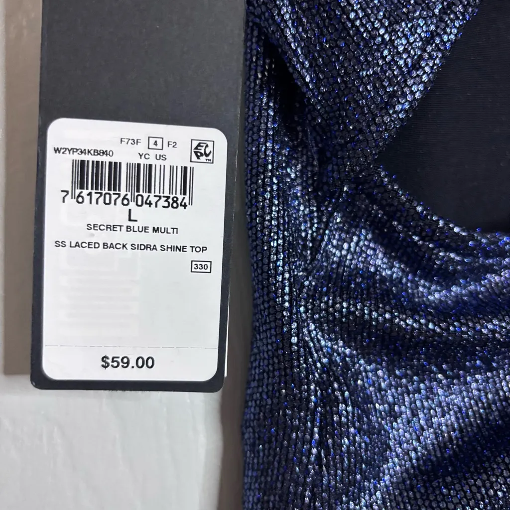 Guess Laced Back Sidra Shine Top NWT Blue Open Back Glitter Crop top Large - Image 5