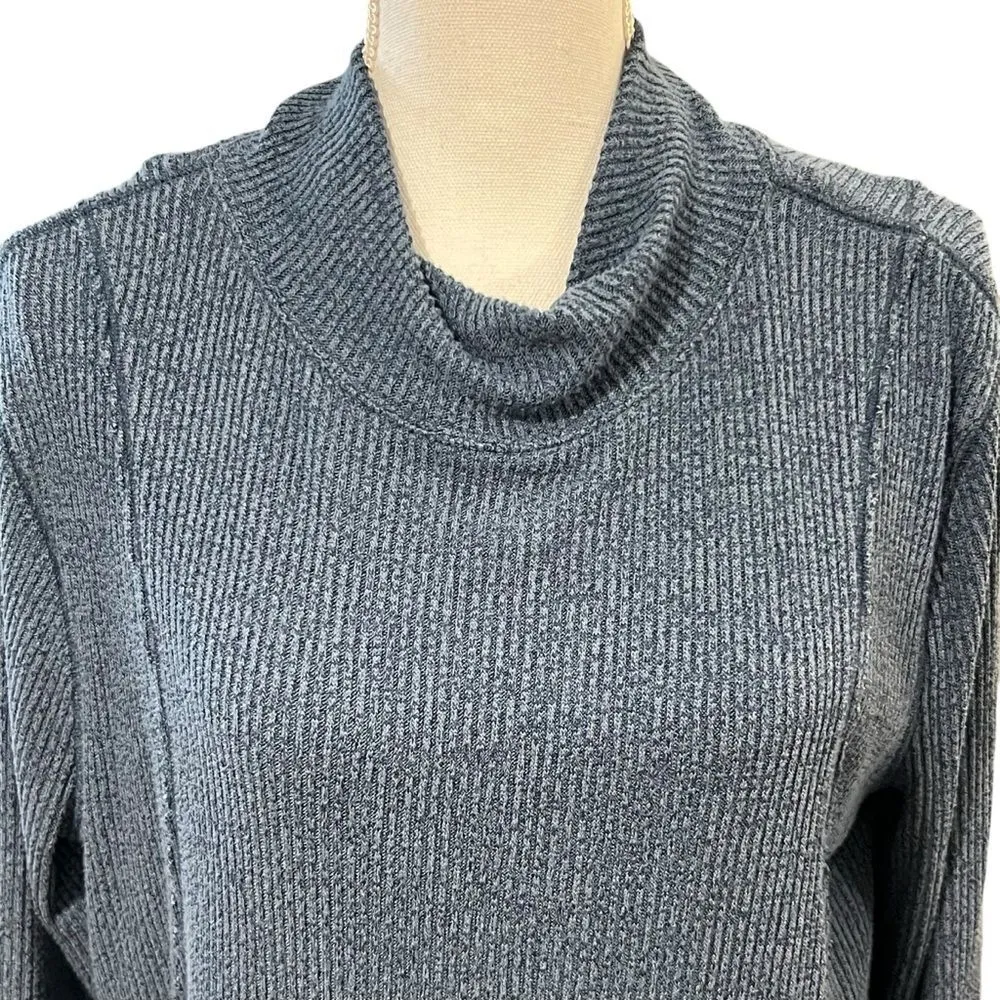 Free People Long Sleeve Mock Neck Sweatshirt LARGE Blue Lagenlook Boho Relaxed - Image 2