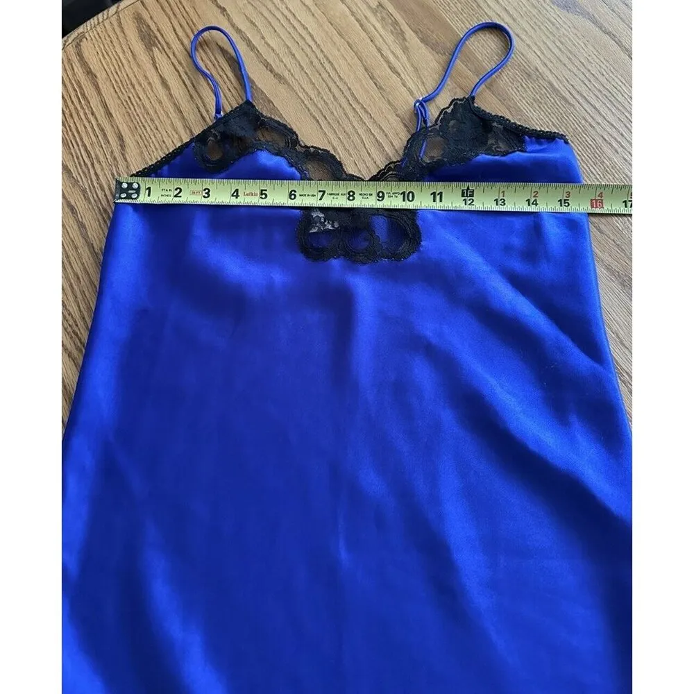 Vintage Satiny Lace Nightgown Side Slit Sexy Romantic Neglige’ Sapphire Blue - Image 9