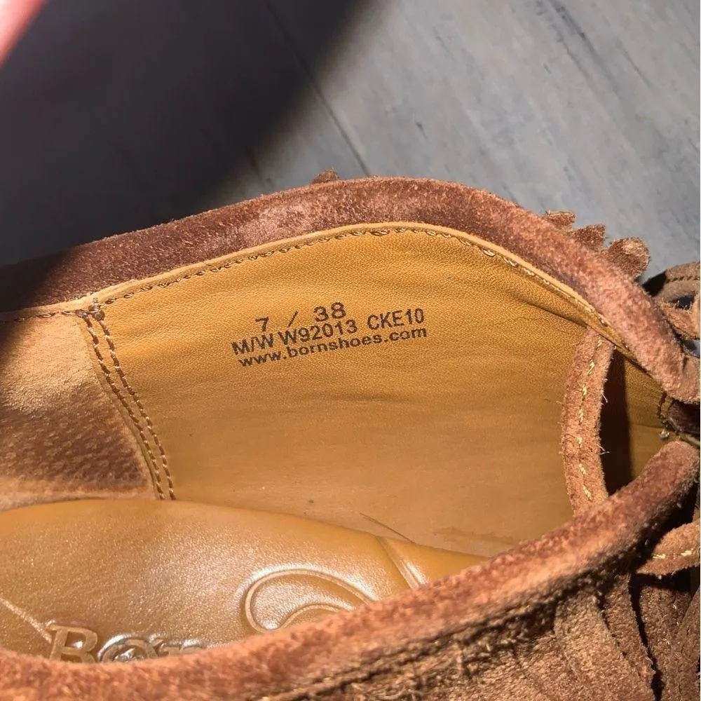 Born Brown Suede Fringe Moccasin Stacked 3” Heel Booties Size 7 Ex Condi… - Image 12