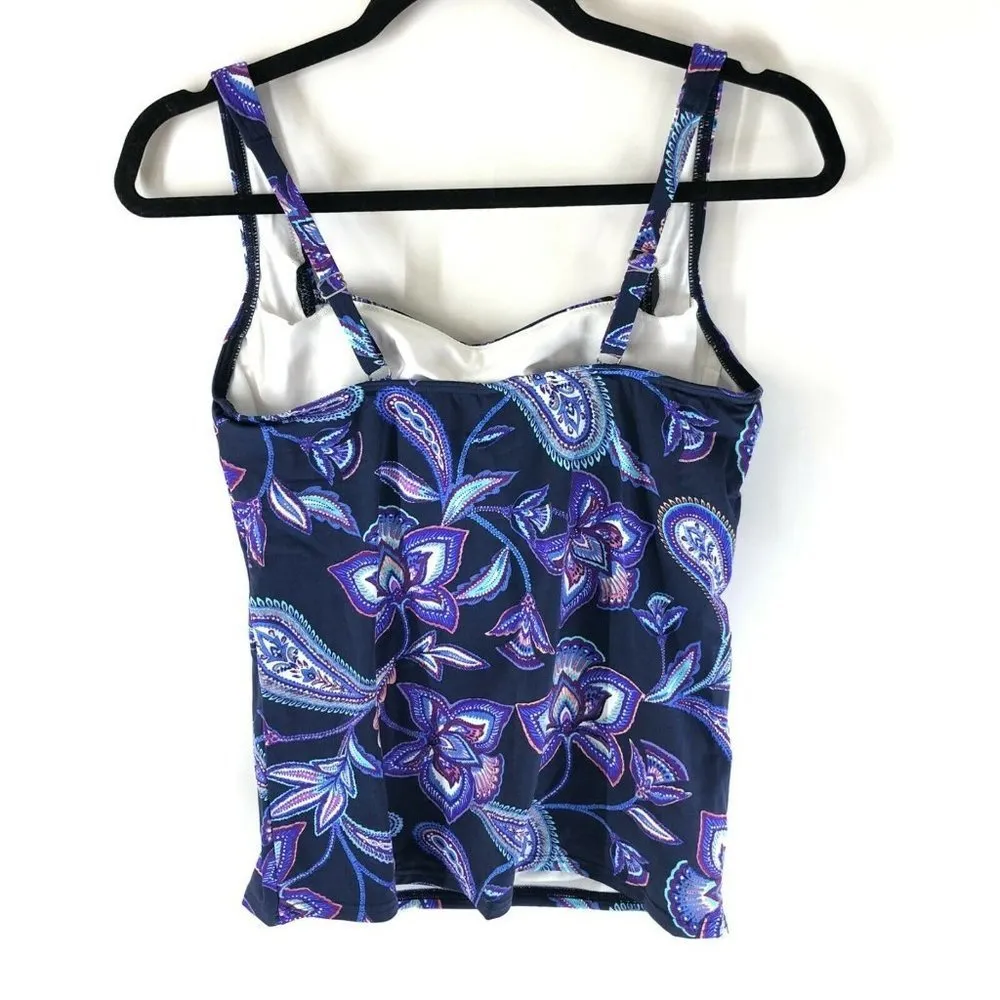 Lands End Tankini Top Underwire Removable Pads Tummy Control Floral Navy 6 - Image 2