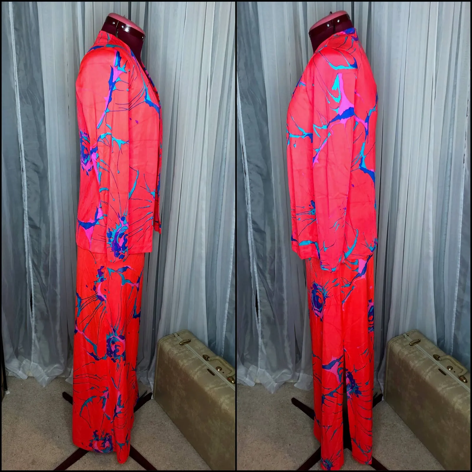 tank jacket maxi skirt set groovy nylon pink blue 1970s Size 8 - Image 9