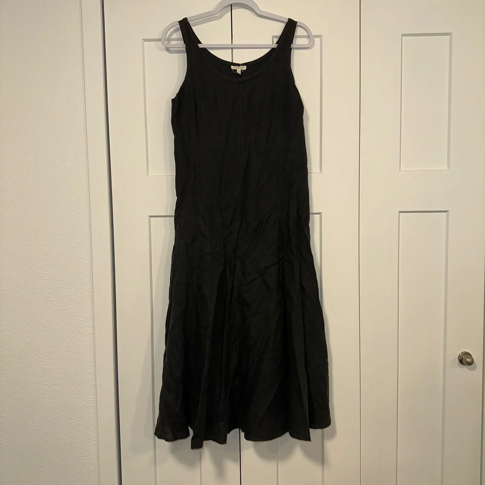 Eileen Fisher 100% Irish Linen bustle hem‎ Dress Sleeveless Black Petite Size PL - Image 6