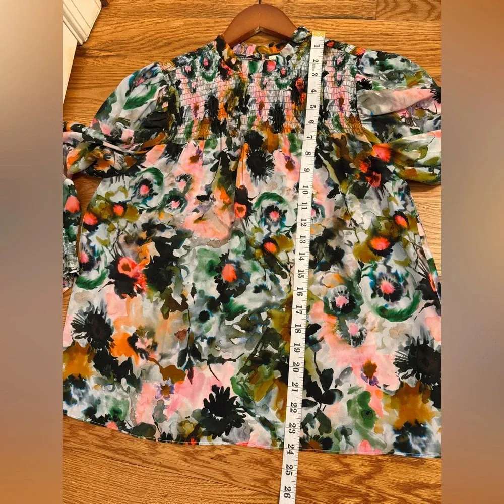 Marie Oliver Long Sleeve Silk Colorful Floral Sofia
Smocked Blouse Top size S - Image 9