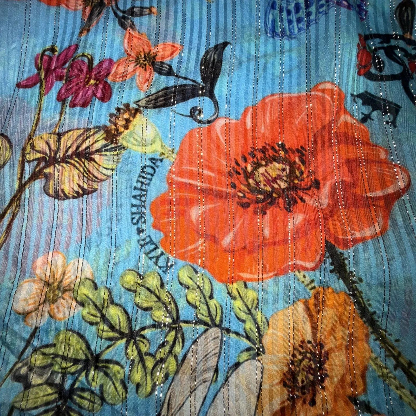 KYLE X SHAHIDA Silver Thread EMBELLISHED BLUE FLORAL PRINT Silk Blouse L Size L - Image 6