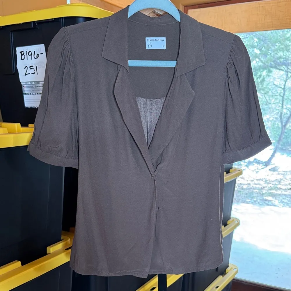 Frank & Oak 1 Button Front Collared V Neck Blouse Brown Size Small - Image 2