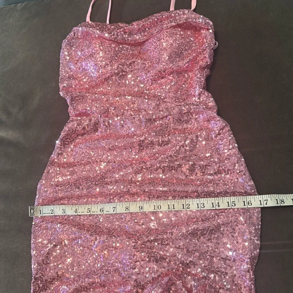 Women’s Pink Sequined Short Homecoming Party Dress Ruffle Hem CorsetBack Size 4 - Image 7