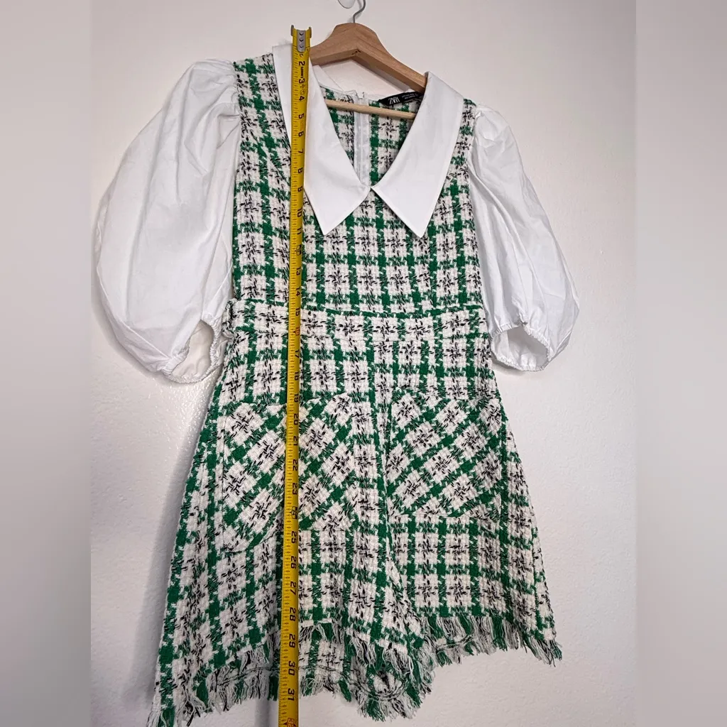 Zara blogger romper jumpsuits textured weave Green White Fabric pockets size S - Image 6