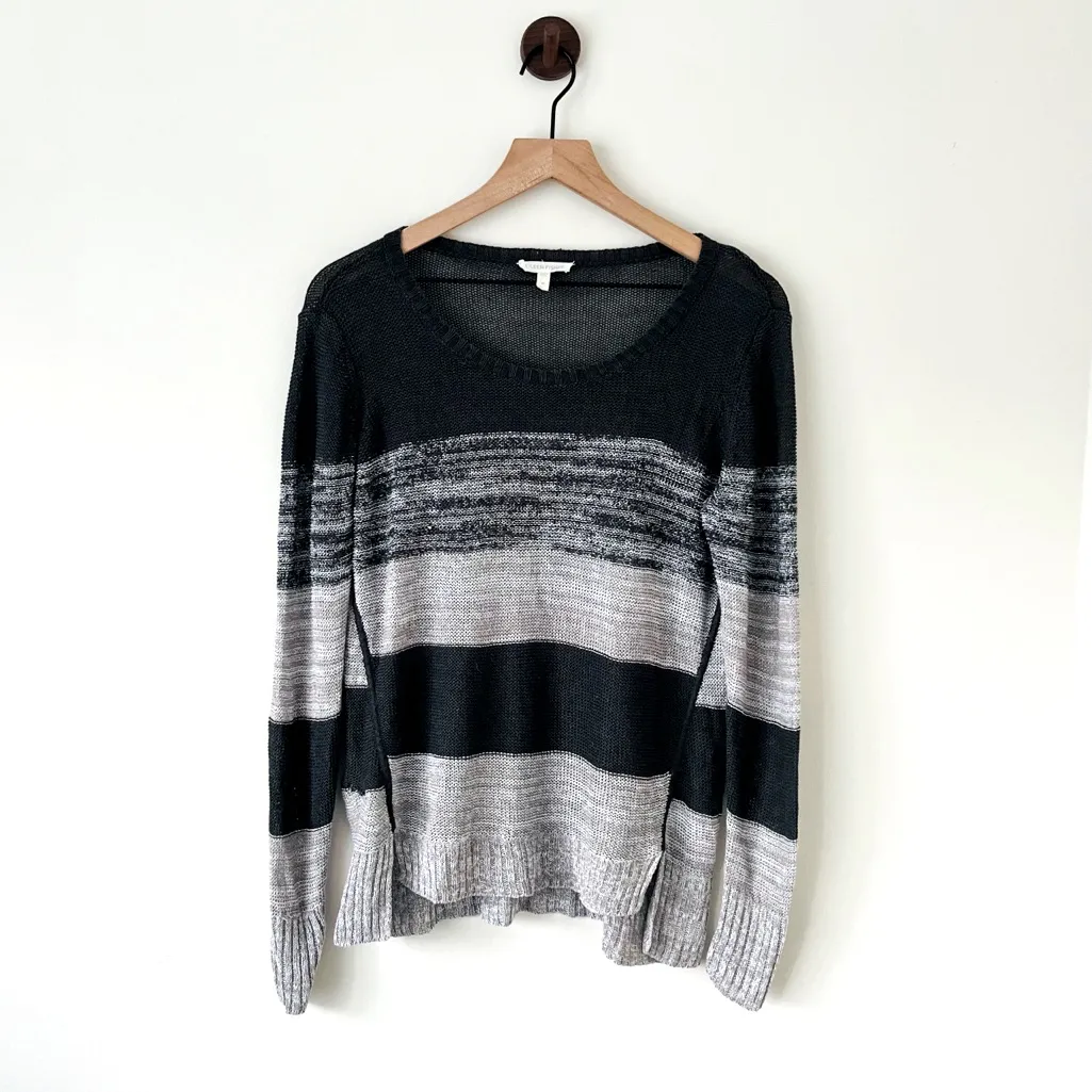 EILEEN FISHER Grey Black Linen Striped Lightweight Pullover Sweater Women Medium - Image 2