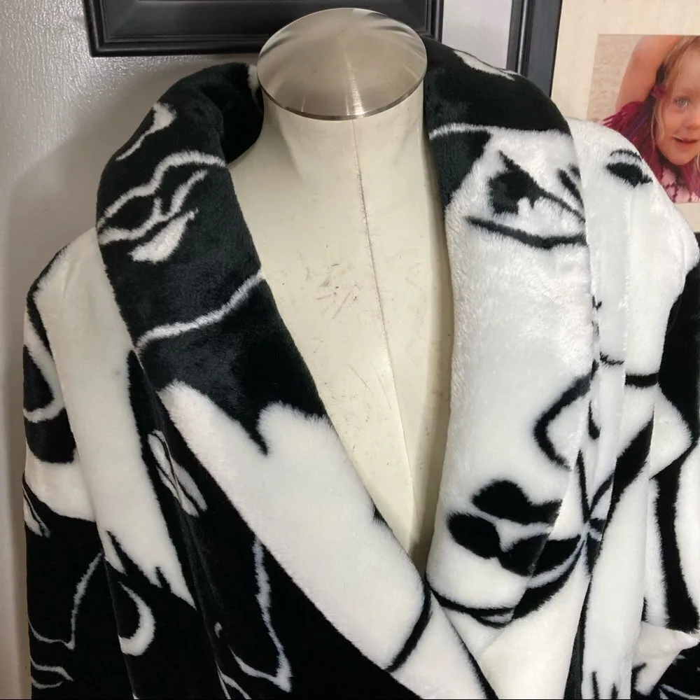 Vintage 80s‎ 90s Faux Fur Faces Print Wrap Midi Coat New With Tags Oversized Black Size M - Image 3