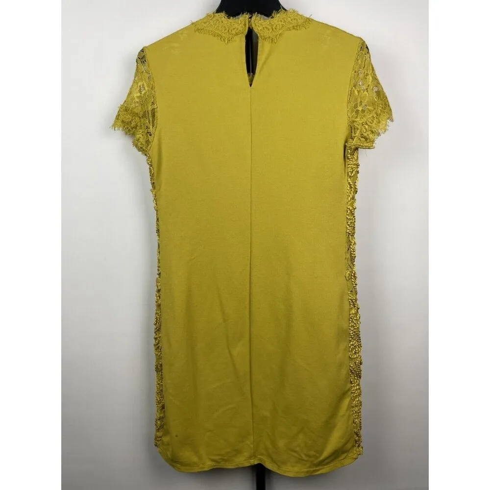 Zara Women Mustard Yellow Green Rope Floral Lace Short Sleeve Shift Dress Size S - Image 5