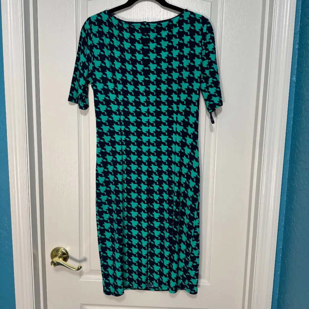 Anne Klein Houndstooth Sheath Dress Ruched Career Cocktail‎ Teal Blue 8 - Image 2
