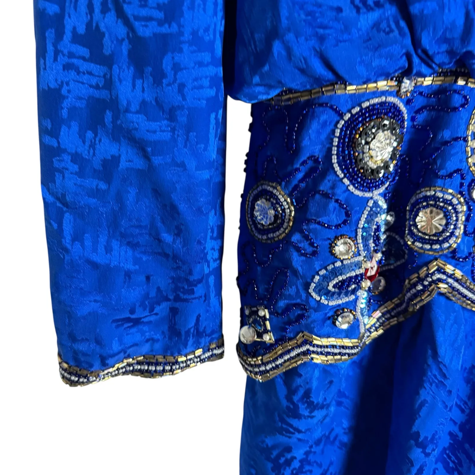 Vintage 80s d’ore Royal Blue Jewel Beaded Silk Jacquard Long Sleeve Dress Size 8 - Image 6