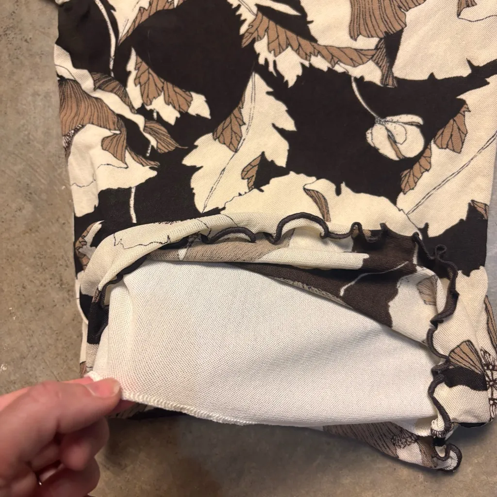 Vintage Brown & Cream Poppy Floral Cap Sleeve Top Lettuce Edge Trim Y2K Small - Image 5