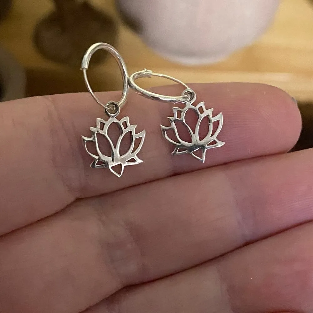 Lotus Flower Sterling Silver Charm Drop Earrings Silver - Image 3