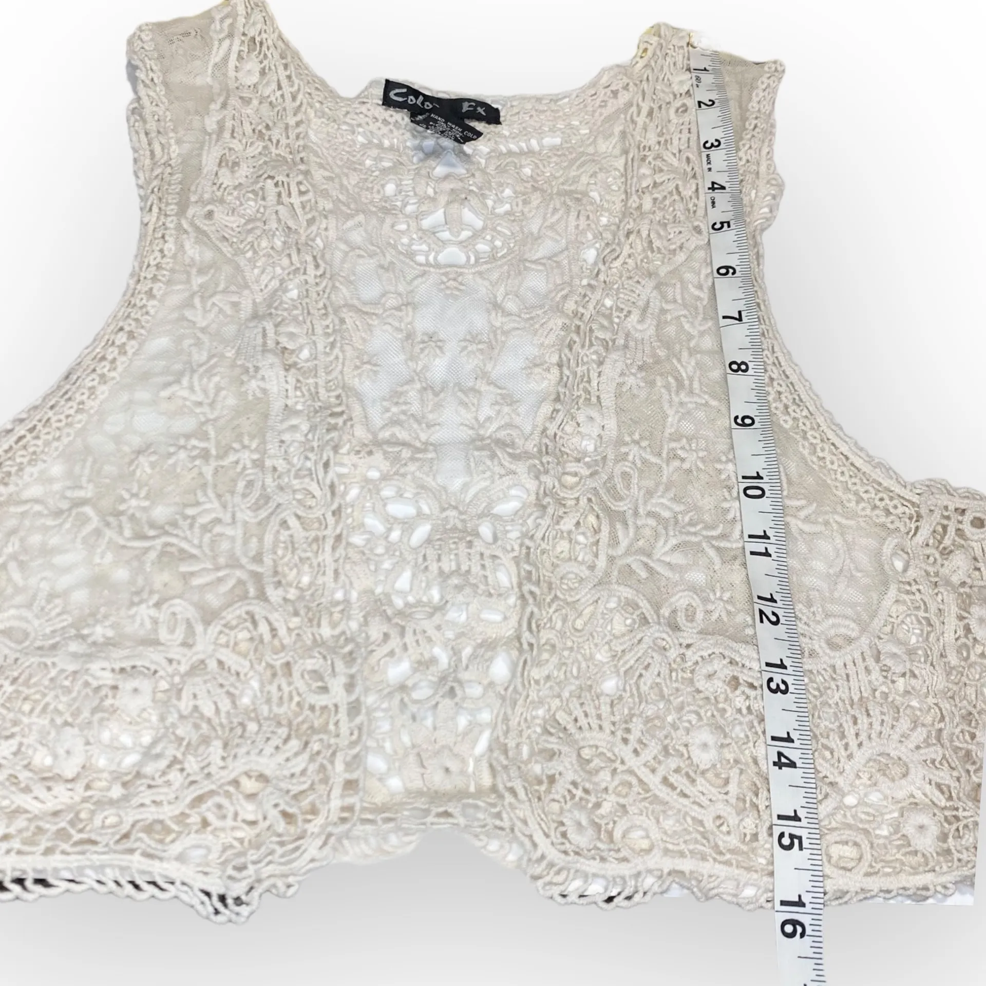 Color Fx Vest Womens Size Large Cream Y2K Lace Crochet Open - Image 7