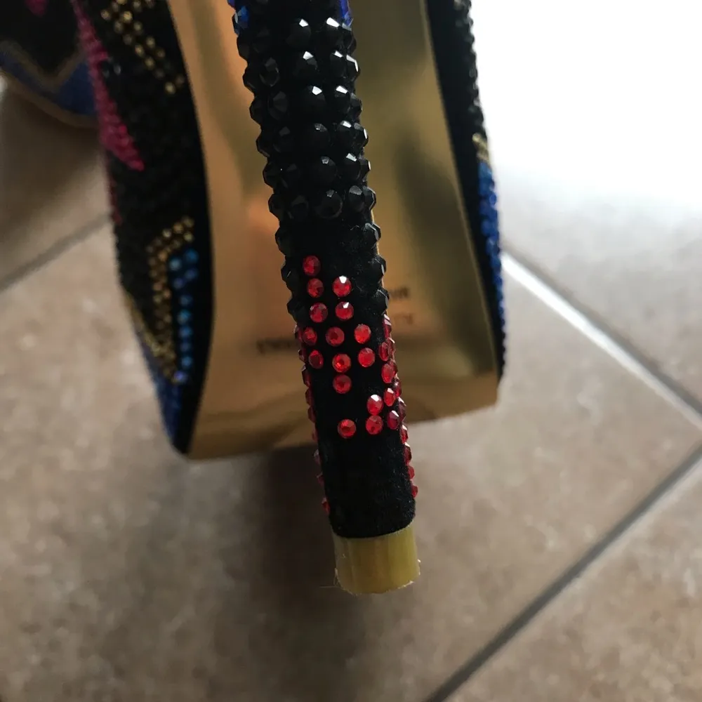 MASCOTTE Linda Platform Beaded 6” Heels Sz. 7 Blue, Pink, Black & Gold - Image 12