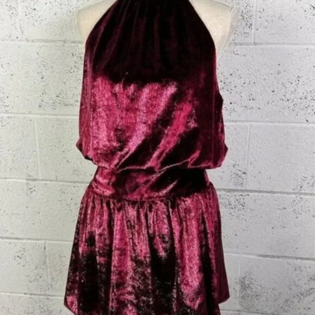Ramy Brook Ellin Velvet Halter Neck Mini Dress Smocked Waist Red M - Image 8