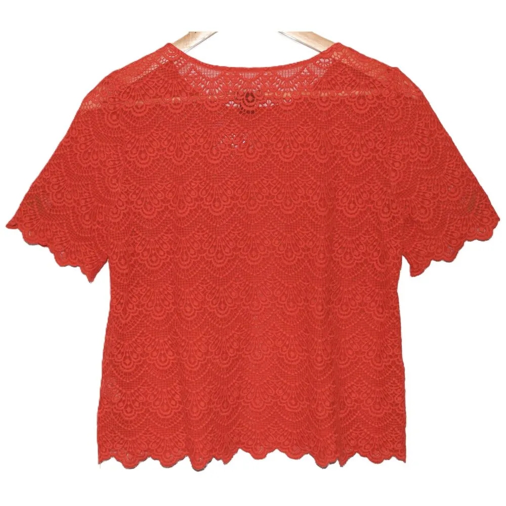 Womens J.Crew Orange Red Scalloped Lace Short Sleeve Shirt Blouse Top Size Small - Image 2