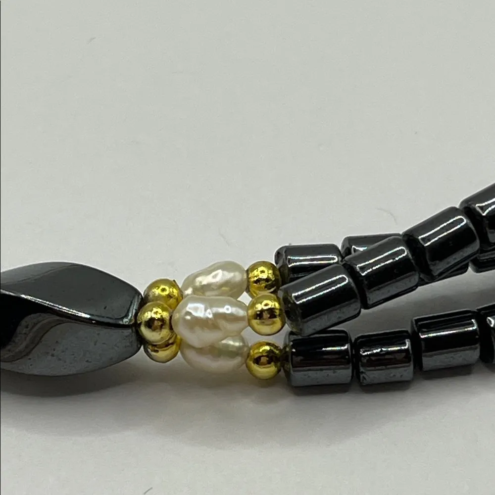 Vintage Hematite Rice Pearl Beaded Station Necklace 28 in Infinity Necklace Black - Image 7