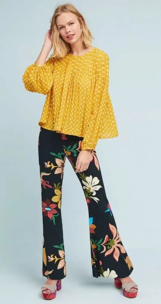 Farm Rio Calla Flared Pants Black Floral Size XS Anthropologie - Image 1