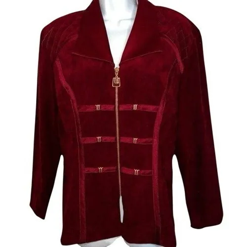 LORI WEIDNER Evening Vintage Dark Wine Satin/Goldtone Hardware Trim Jacket Sz 14 Red - Image 2