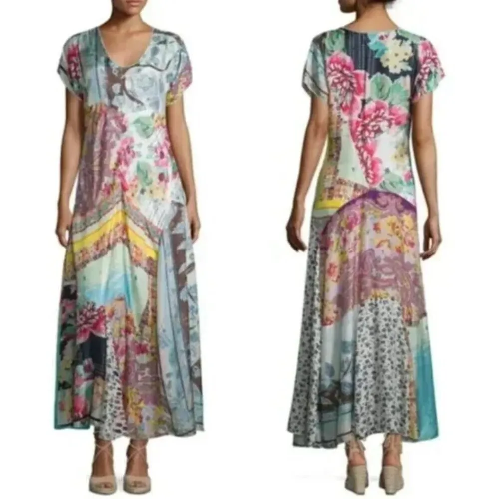 💕JOHNNY WAS💕 Tropic Georgette 100% Silk Maxi Dress ~ Patchwork Print 2X NWT - Image 9