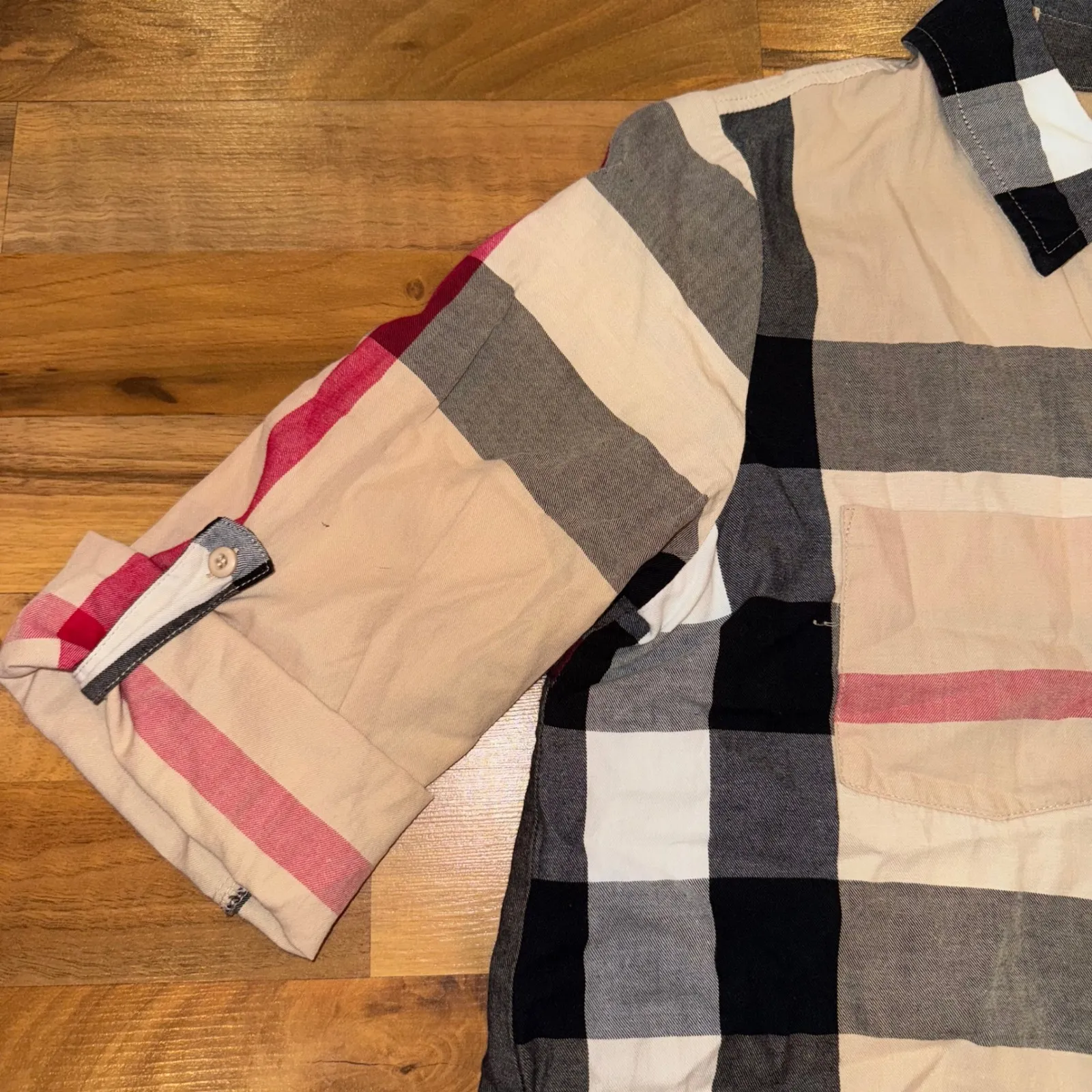 VICI Plaid Button Down Shirt Dress Casual Long Sleeve Beige Women Large Red - Image 3