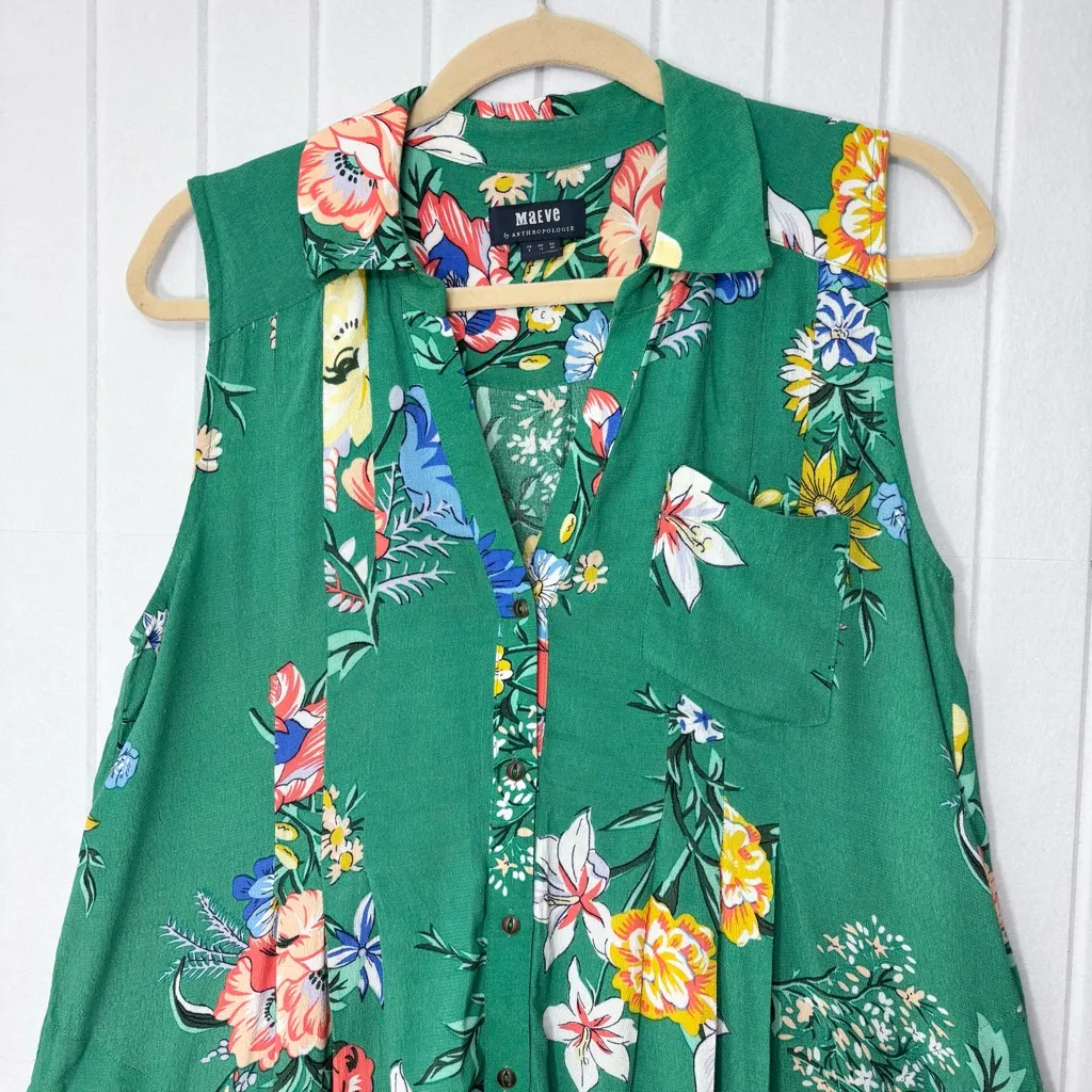 Anthropologie Maeve Green Floral Sleeveless Shirt Boho Midi Dress Size 8 - Image 2