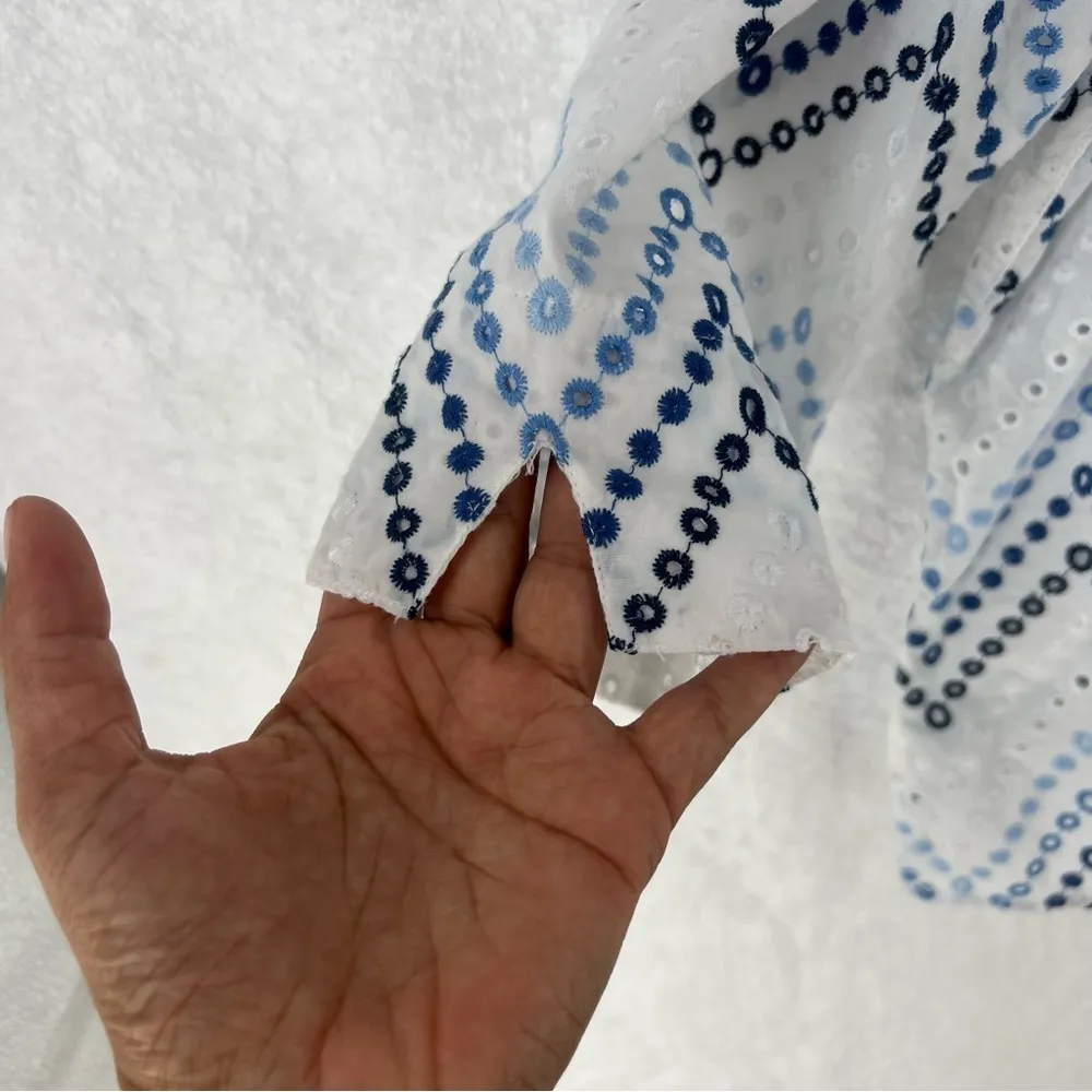 Alfred Dubber Cotton Ombré Blue Eyelet Embroidered 3/4 Sleeve Button Up Shirt L‎ - Image 5