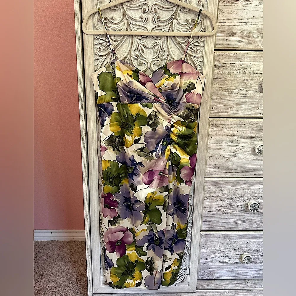 Vintage Spiegel 90’s satin floral Fairycore midi cocktail bow detail dress Sz 8 - Image 4