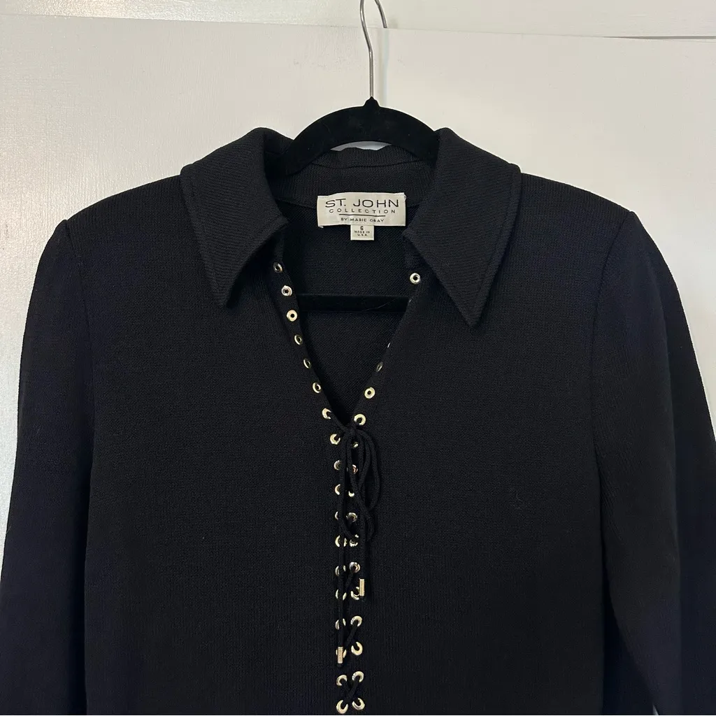St. John Collection Lace Up Long Sleeve Knit Dress Womens 6 Black Cocktail - Image 2