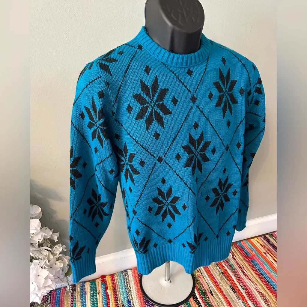 80s Le Tigre Snowflake Winter Sweater All Over Print Pattern Vintage Teal Large Blue - Image 4