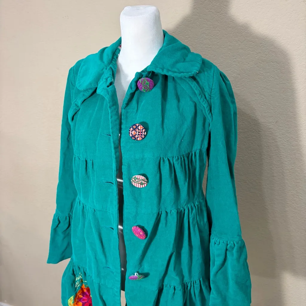 Whimsical vibrant green Judith March coat Measure Like Small Satin lined Boho - Image 2