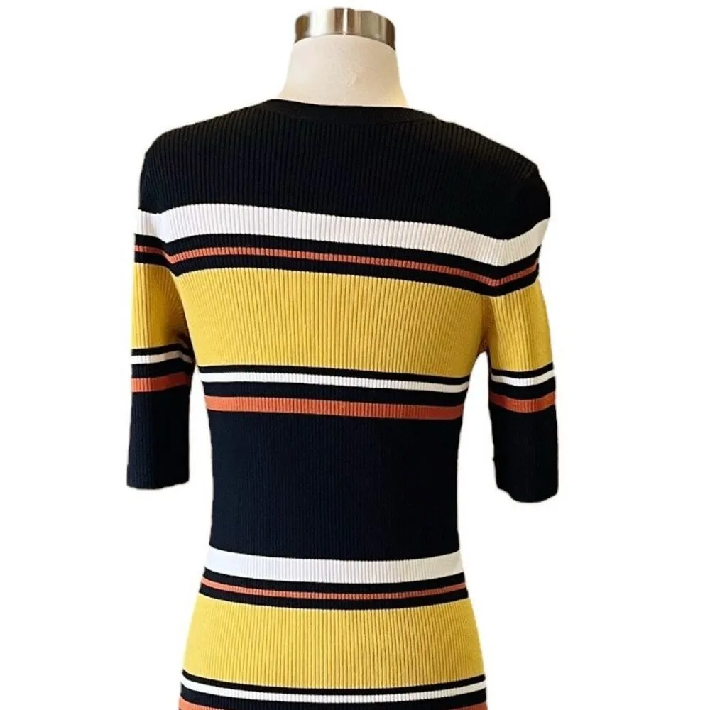 INTERMIX Wyatt Rib Knit Dress Striped Sweater Midi Half Sleeves Crew Medium EUC - Image 6