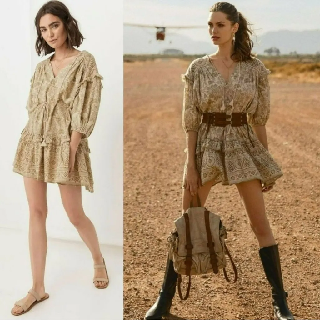 SPELL & THE GYPSY Lioness Boho Paisley Floral Ruffle‎ Tunic Dress in Smoke XS Tan - Image 2