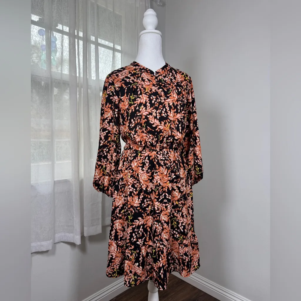 Collective Concepts Black & Orange Floral Print Long Sleeve Knee Length Dress - Image 5