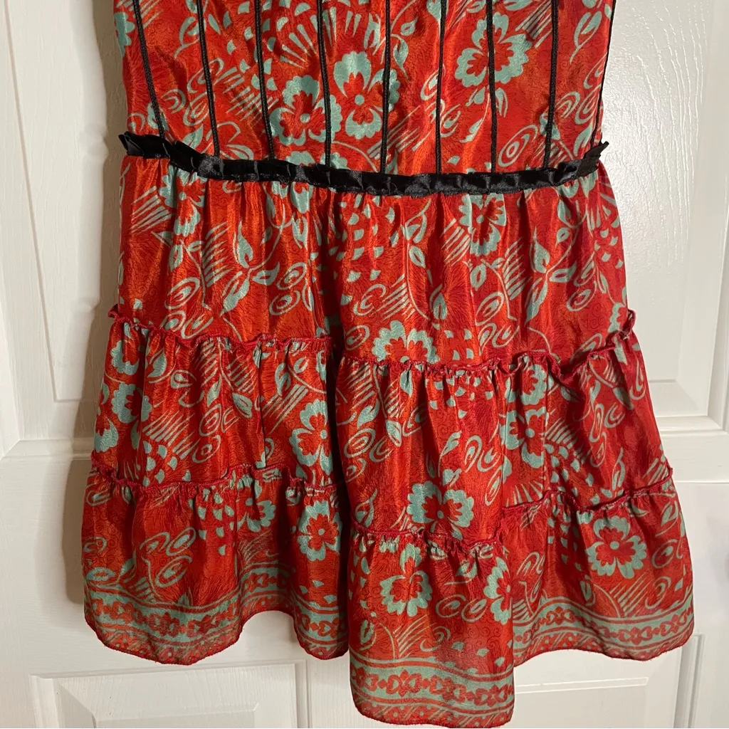 Red and Blue Floral Silk Strapless Dress coquette dress up unique one size Size undefined - Image 2