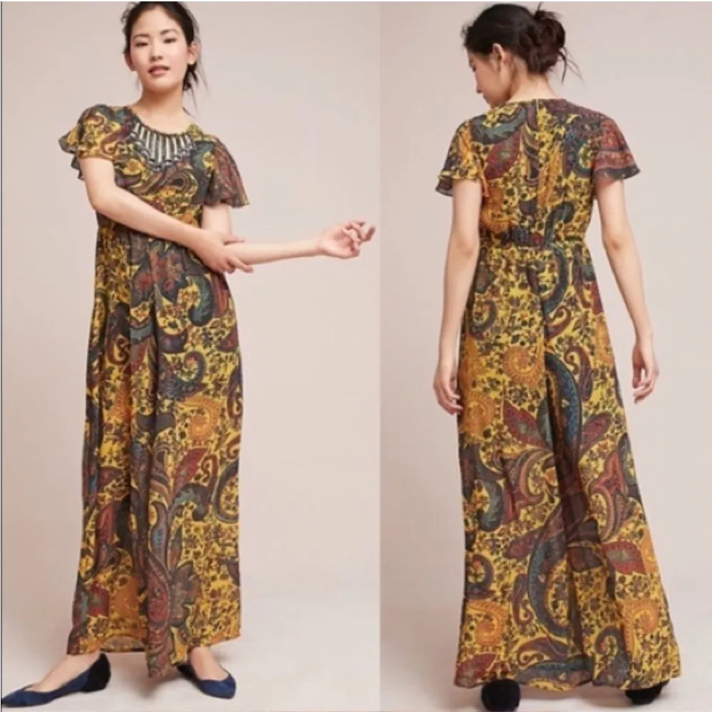 Anthropology Ranna Gill Jumpsuit 12 Paisley pattern Georgia Wide Beaded top Gold - Image 3