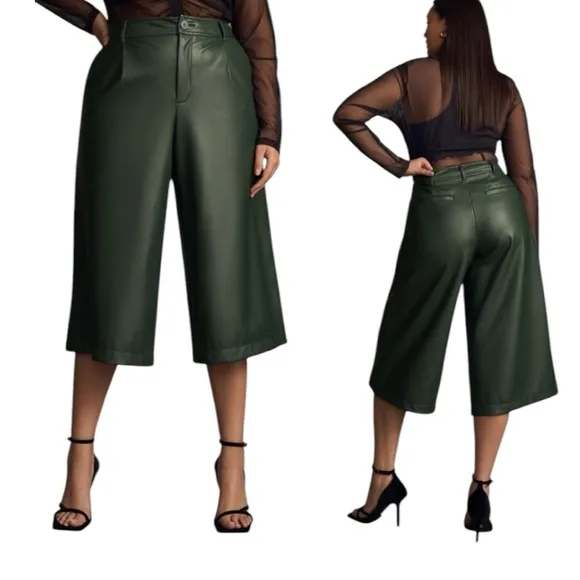 ZARA Genuine Leather Bermuda shorts Wide leg Culottes Pants Cropped Khaki Sz L - Image 2