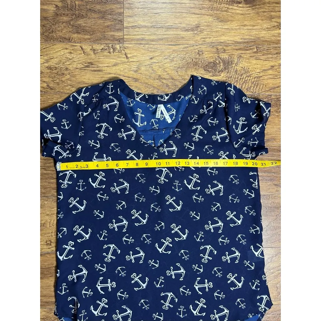 Nautical Sailor Anchor Shirt Blouse Top Medium Semi Sheer Hi-Lo Short Sleeve - Image 6