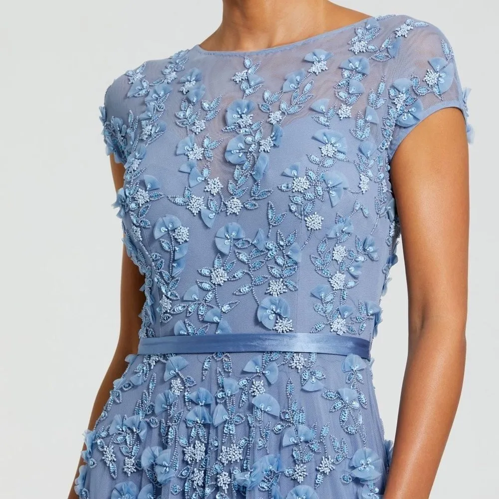 MAC DUGGAL 14521 Blue Floral Embellished Short Sleeve Mesh Gown Dress - Image 4