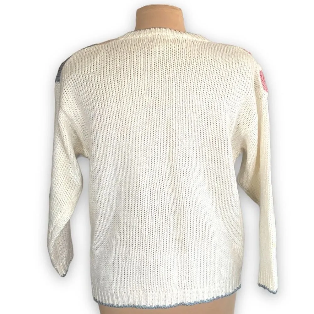Vintage 90s Cardigan Sweater Patchwork Cable Knit White Pastel Button Up Cropped Size M - Image 6